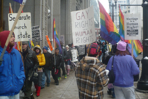 Protesters in front of the Cook County Marriage License Bureau