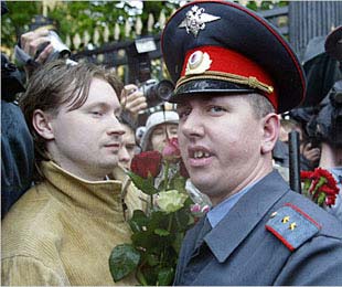 Nikolai Alexeyev (left), the founder of Gay Russia being arrested at a gay pride parade in Moscow.