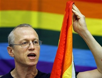 Chicago Gay Liberation Network Activist Andy Thayer speaks at a news conference in Moscow, Russia, Thursday, May 27, 2010.