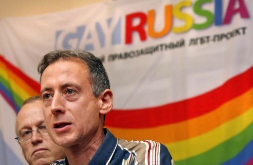 Gay rights activists Peter Tatchell of Britain(R), seen here with Andy Thayer of the US